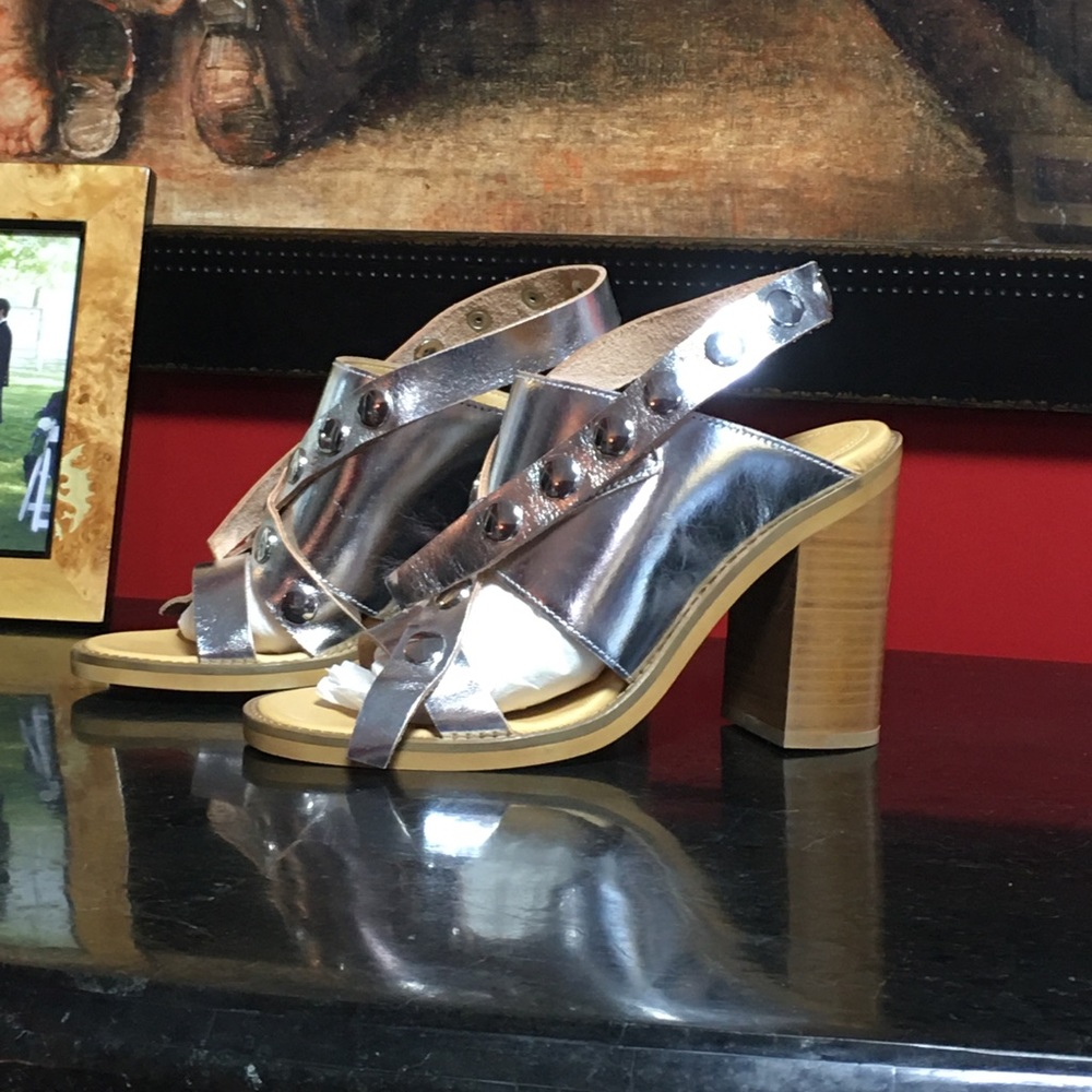 Maison Margiela $699 NWD Silver Leather Studded Strap High Heel Sandals 8